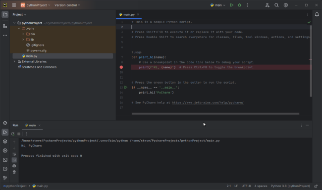 Right click on Project and select Run. Hi, PyCharm will display in output section of console.